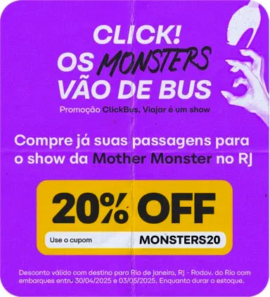 Compre passagens para ver a Mother Monster no Rio de Janeiro com 20% de desconto. Cupom válido para viagens até o Rio com embarques entre 30/04 e 03/04. Enquanto durar o estoque. 