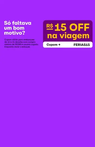 Ganhe R$15 de desconto na ClickBus com o cupom FERIAS15. Desconto válido para compra mínima de R$100 feitas com usuário ligado para embarques entre os dias 16/07 e 31/07. Enquanto durar o estoque.