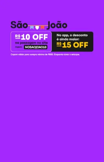 Desconto de R$10 para curtir o São João pelo Brasil com o cupom NOSAOJOAO10. No app da ClickBus o desconto é ainda maior! Baixe agora