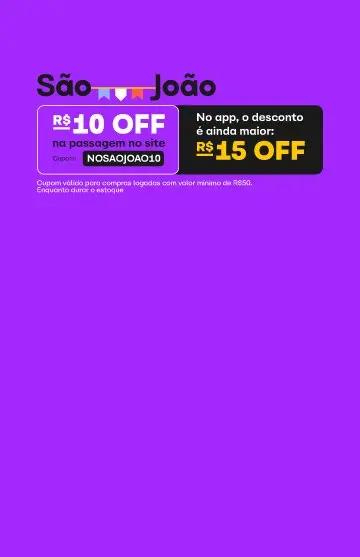 Ganhe R$10 de desconto no site da ClickBus com o cupom NOSAOJOAO10. Ganhe ainda mais desconto baixando o app. Cupons válidos para compra mínima de R$50 com usuário logado. Enquanto durar o estoque. 