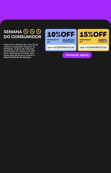 Ganhe 10% off para viajar em março com o cupom ECONOMIZOU10 e 15% off para viajar em abril com o cupom ECONOMIZOU15.  Não inclui taxa de serviço. Sujeito à disponibilidade de estoque.