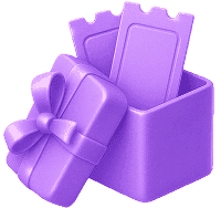 Um desenho roxo de uma caixa aberta contendo dois cupons de desconto