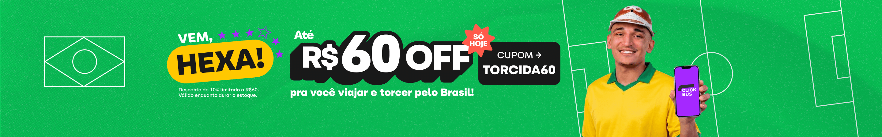 Ganhe 10% de desconto limitado a R$60 na ClickBus com o cupom TORCIDA60. Cupom válido por tempo limitado!