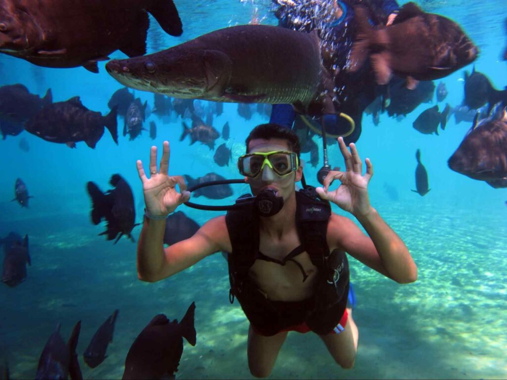 Foto de homem com equipamento de mergulho abaixo d’água, cercado de peixes. Água transparente, mostrando também o chão formado de areia.