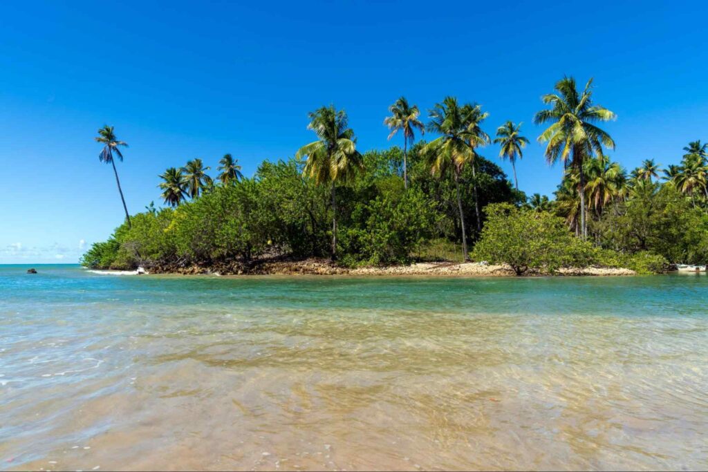Foto da vista da Ilha de Boipeba (Cairu BA). Água do mar azul e cristalina, cercando pequena ilha de vegetação verde e altas palmeiras.