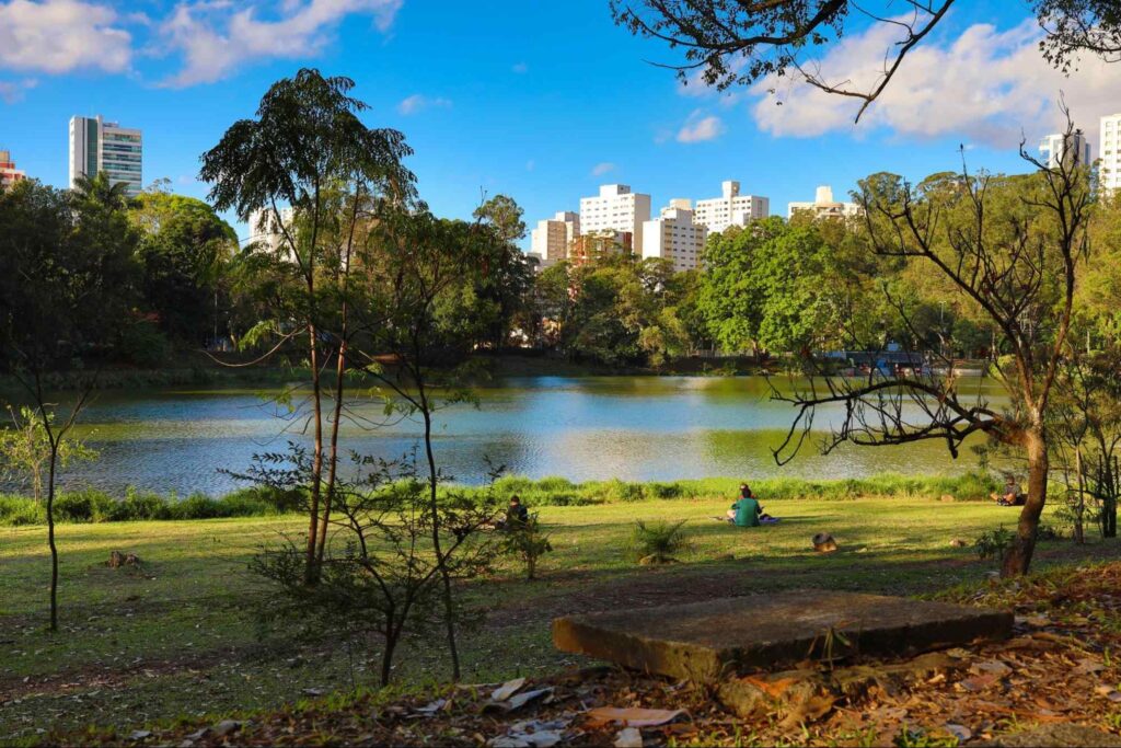 Paisagem do lago natural do Parque da Aclimação, com contraste do verde do parque e os prédios ao fundo. Duas pessoas estão sentadas de frente para o lago.