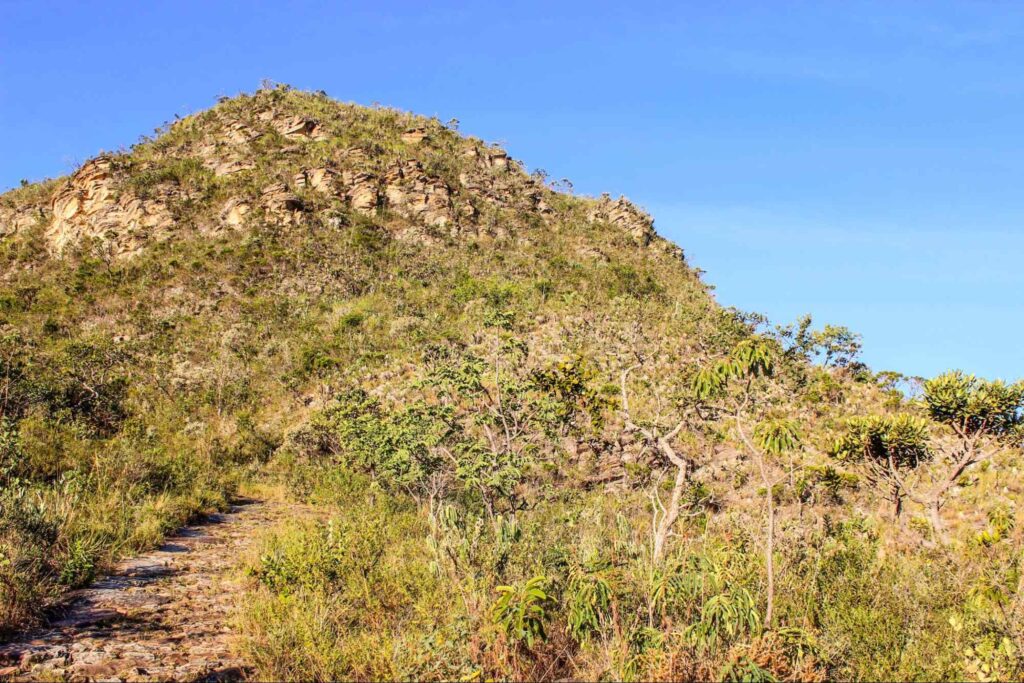 Parte da trilha de terra batida, conhecida como Trilha dos Escravos, que fica no Parque Nacional da Serra do Cipó. A vegetação tem aspecto árido e cobre toda a trilha.