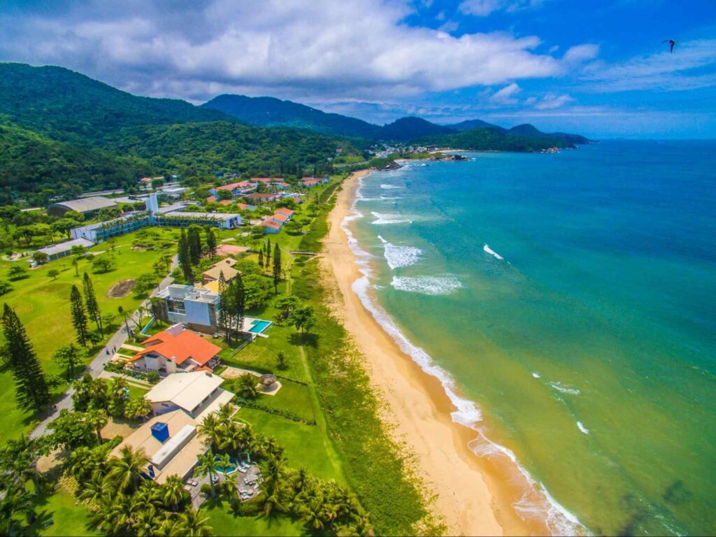 Foto aérea da Praia do Plaza. Grande área verde ao lado esquerdo da foto, com algumas casas com quintais que levam até a faixa de areia dourada, em frente ao mar quase sem ondas e esverdeado.