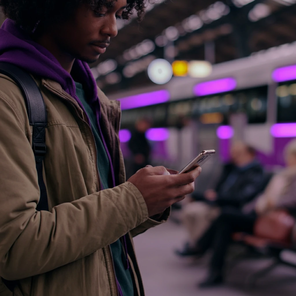 Passageiro consultando reembolso de passagem no celular em rodoviária