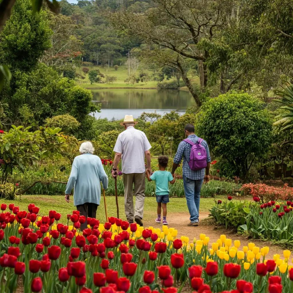 Família com crianças caminhando em parque natural cercado por flores coloridas no interior de São Paulo