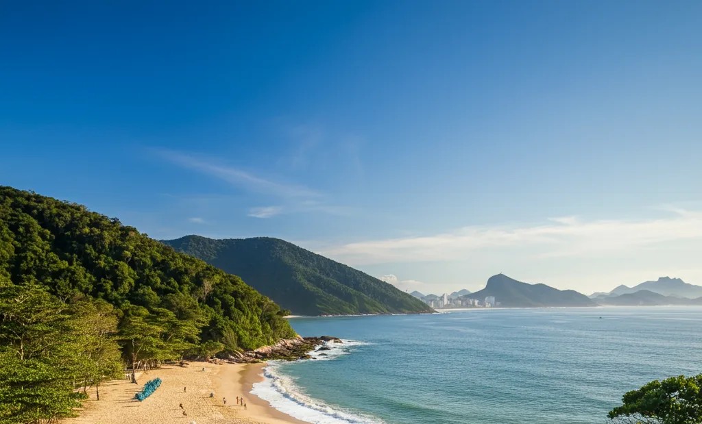 Vista aérea da Praia da Fortaleza em Ubatuba com piscinas naturais formadas pelas pedras e águas calmas azul-esverdeadas