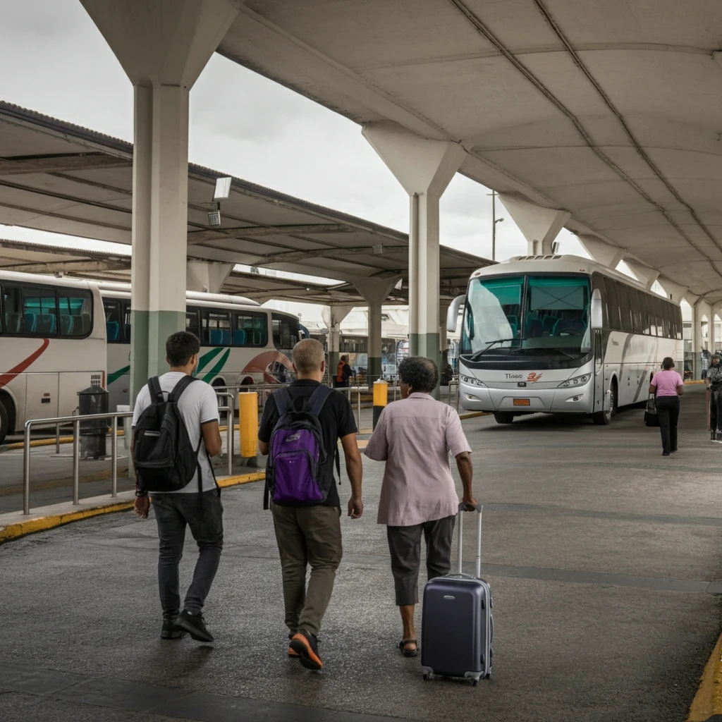 Vista externa ampla do Terminal Tietê com movimentação de ônibus e passageiros em frente à entrada principal durante o dia.